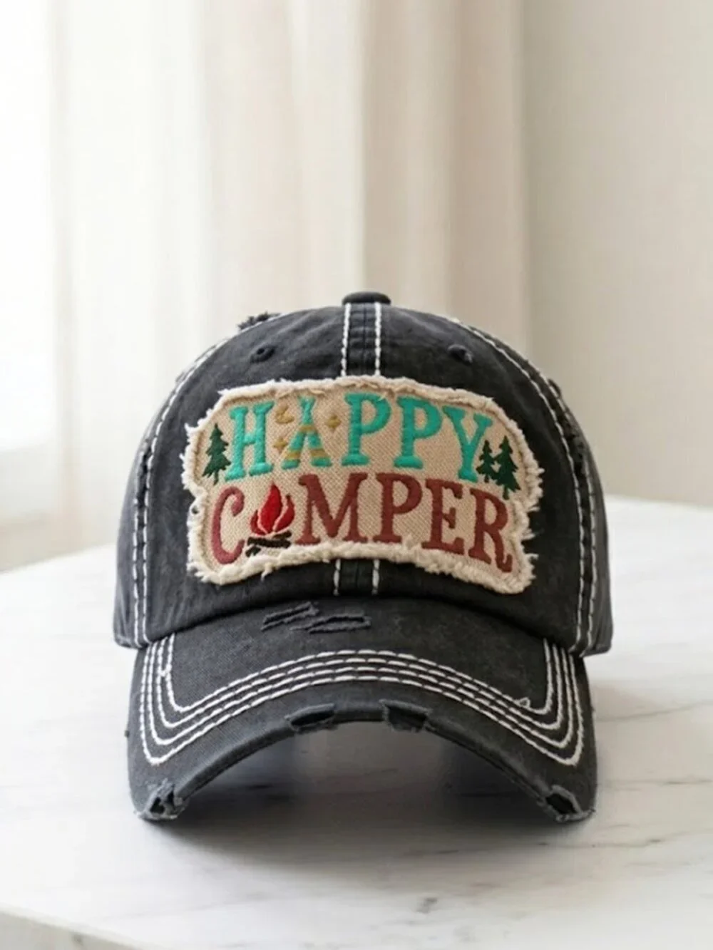 Ladies Black Happy Camper Baseball Hat